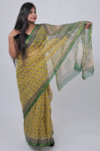 Yellow Hand Block Printed Kota Doria Cotton Saree with Unstitched Blouse Piece