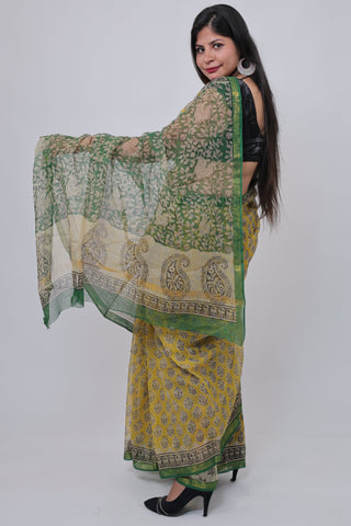 Yellow Hand Block Printed Kota Doria Cotton Saree with Unstitched Blouse Piece