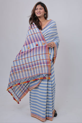 Stripe Blue Kala Cotton Bhujodi Saree with Unstitched Blouse Piece