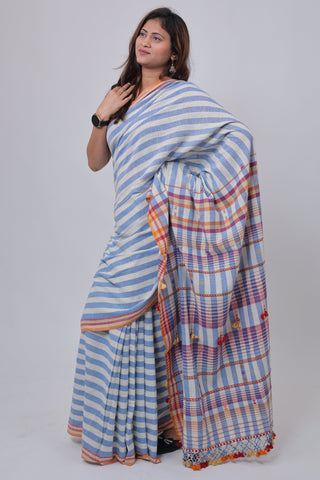 Stripe Blue Kala Cotton Bhujodi Saree with Unstitched Blouse Piece