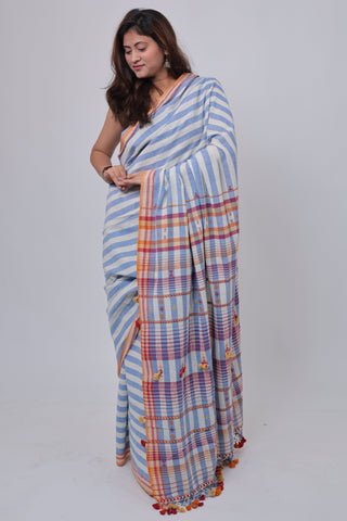 Stripe Blue Kala Cotton Bhujodi Saree with Unstitched Blouse Piece