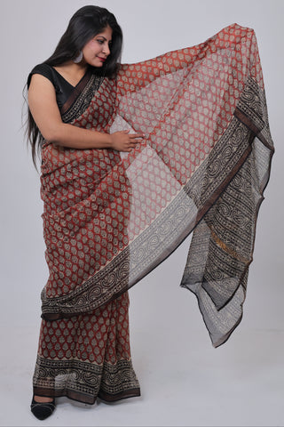 Red Hand Block Printed Kota Doria Cotton Saree