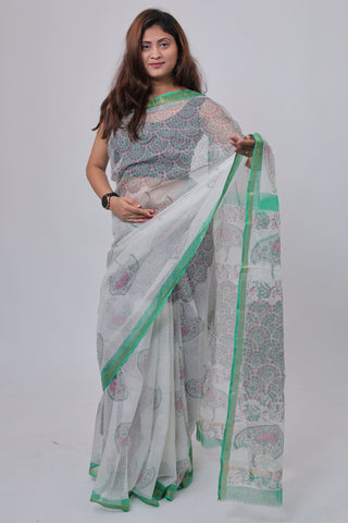 White Hand Block Printed Kota Doria Cotton Saree with Unstitched Blouse Piece