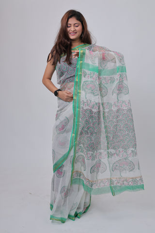 White Hand Block Printed Kota Doria Cotton Saree with Unstitched Blouse Piece