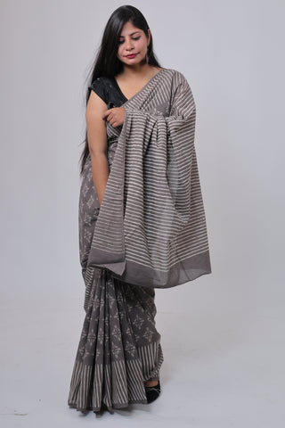 Grey Hand Block Print Cotton Saree with Unstitched Blouse Piece