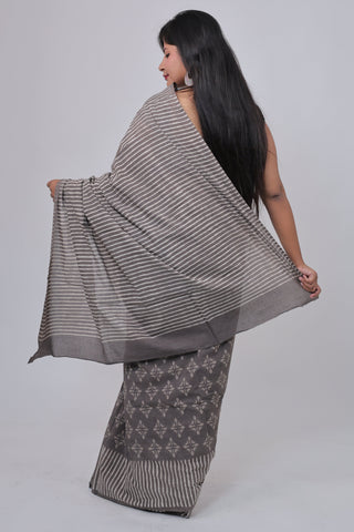 Grey Hand Block Print Cotton Saree with Unstitched Blouse Piece