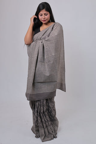 Grey Hand Block Print Cotton Saree with Unstitched Blouse Piece