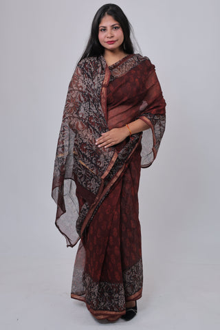 Burgundy Hand Block Printed Kota Doria Cotton Saree with Unstitched Blouse Piece