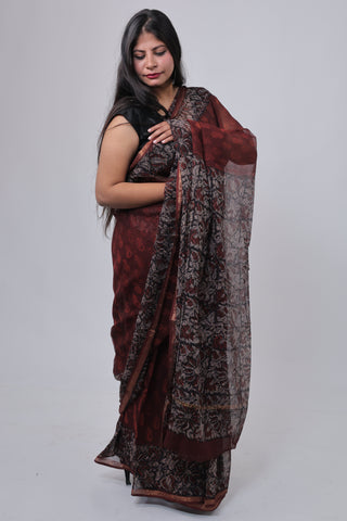 Burgundy Hand Block Printed Kota Doria Cotton Saree with Unstitched Blouse Piece