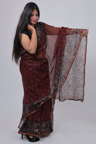 Burgundy Hand Block Printed Kota Doria Cotton Saree with Unstitched Blouse Piece