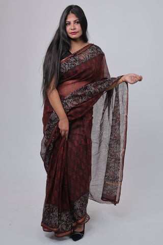 Burgundy Hand Block Printed Kota Doria Cotton Saree with Unstitched Blouse Piece