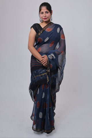 Blue Polka Dot Printed Kota Doria Cotton Saree with Unstitched Blouse Piece