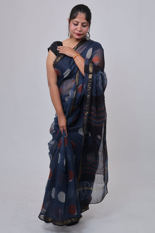 Blue Polka Dot Printed Kota Doria Cotton Saree with Unstitched Blouse Piece