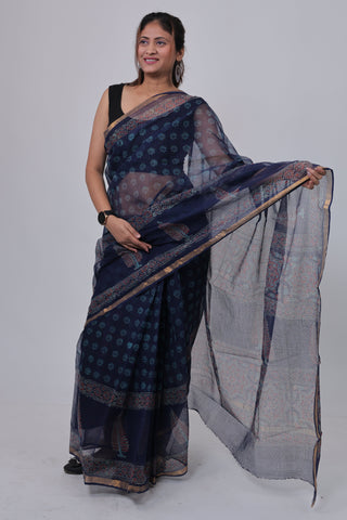 Blue Ajrakh Print Kota Doria Cotton Saree with Unstitched Blouse Piece