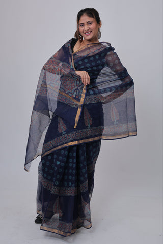 Blue Ajrakh Print Kota Doria Cotton Saree with Unstitched Blouse Piece