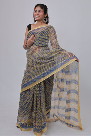 Yellow Hand block printed Kota Doria Cotton Saree with Unstitched Blouse Piece