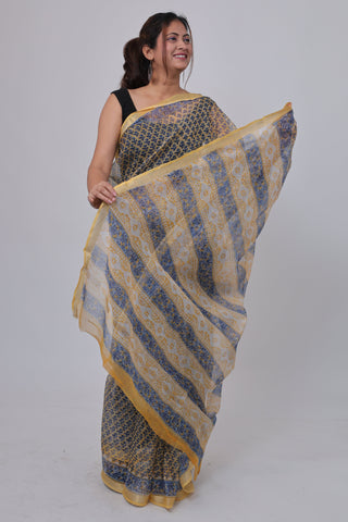 Yellow Hand block printed Kota Doria Cotton Saree with Unstitched Blouse Piece