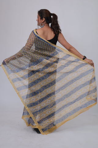 Yellow Hand block printed Kota Doria Cotton Saree with Unstitched Blouse Piece