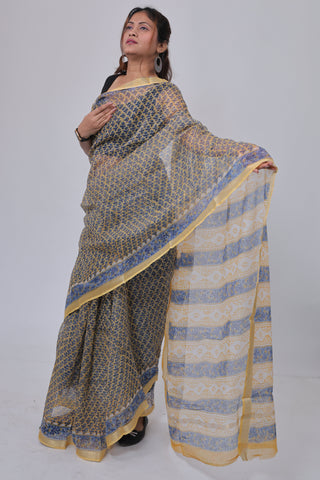 Yellow Hand block printed Kota Doria Cotton Saree with Unstitched Blouse Piece