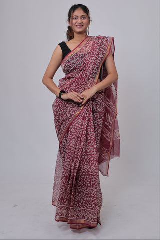 Burgundy Hand block printed Kota Doria Cotton Saree with Unstitched Blouse Piece