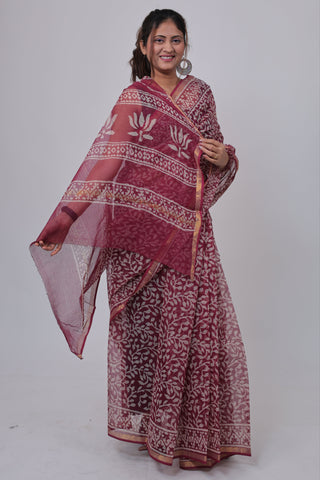 Burgundy Hand block printed Kota Doria Cotton Saree with Unstitched Blouse Piece