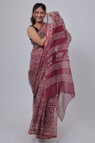 Burgundy Hand block printed Kota Doria Cotton Saree with Unstitched Blouse Piece