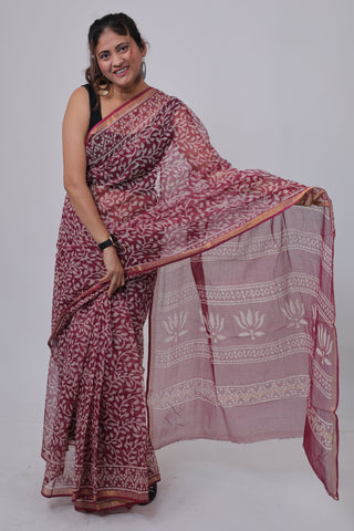 Burgundy Hand block printed Kota Doria Cotton Saree with Unstitched Blouse Piece