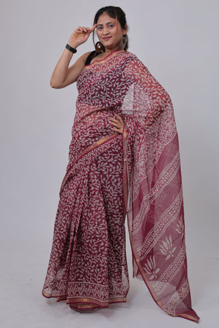 Burgundy Hand block printed Kota Doria Cotton Saree with Unstitched Blouse Piece