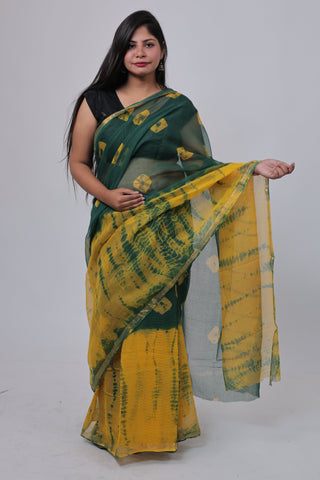 Yellow Green Hand Block Printed Kota Doria Cotton Saree with Unstitched Blouse Piece