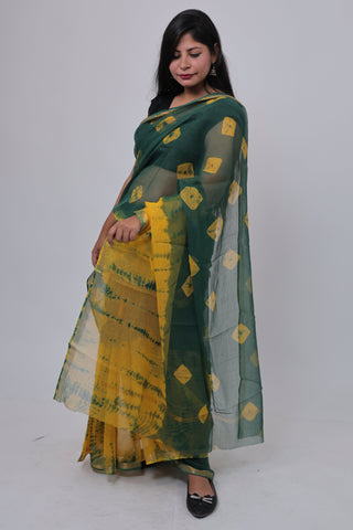 Yellow Green Hand Block Printed Kota Doria Cotton Saree with Unstitched Blouse Piece