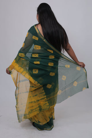 Yellow Green Hand Block Printed Kota Doria Cotton Saree with Unstitched Blouse Piece