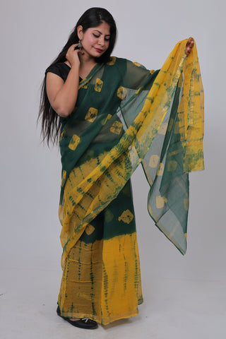 Yellow Green Hand Block Printed Kota Doria Cotton Saree with Unstitched Blouse Piece