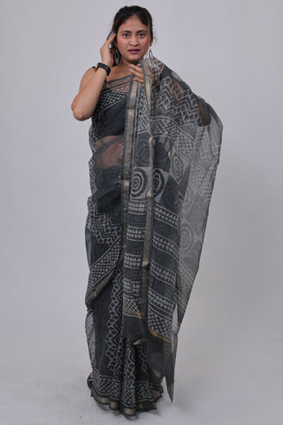 Grey Office Wear Kota Doria Cotton Saree with Unstitched Blouse Piece