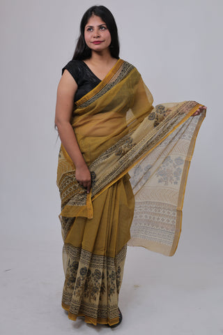 Mustard Hand Block Print Kota Doria Cotton Saree with Unstitched Blouse Piece