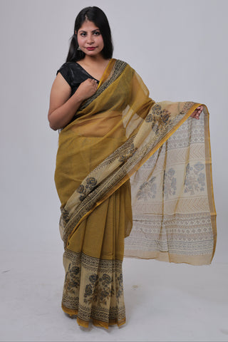 Mustard Hand Block Print Kota Doria Cotton Saree with Unstitched Blouse Piece