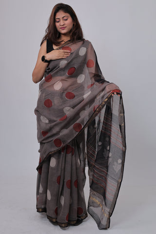 Grey Polka Dot Printed Kota Doria Cotton Saree with Unstitched Blouse Piece