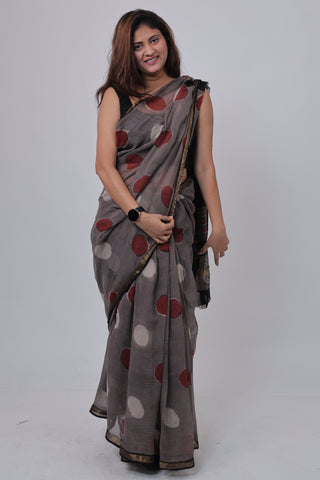 Grey Polka Dot Printed Kota Doria Cotton Saree with Unstitched Blouse Piece