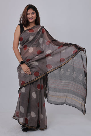 Grey Polka Dot Printed Kota Doria Cotton Saree with Unstitched Blouse Piece