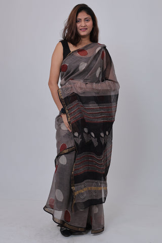 Grey Polka Dot Printed Kota Doria Cotton Saree with Unstitched Blouse Piece