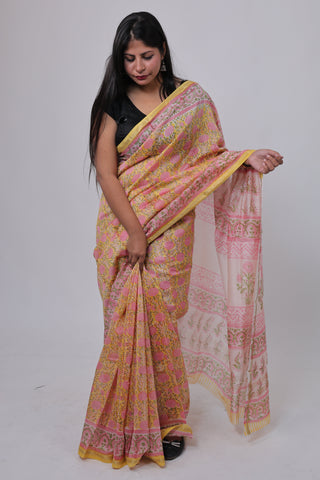 Premium Floral Yellow Chanderi Silk Saree with Unstitched Blouse Piece