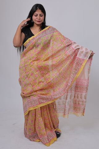 Premium Floral Yellow Chanderi Silk Saree with Unstitched Blouse Piece