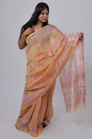 Premium Floral Yellow Chanderi Silk Saree with Unstitched Blouse Piece