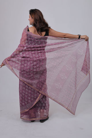 Mauve Handblock Print Kota Doria Cotton Saree with Unstitched Blouse Piece