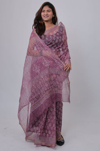 Mauve Handblock Print Kota Doria Cotton Saree with Unstitched Blouse Piece