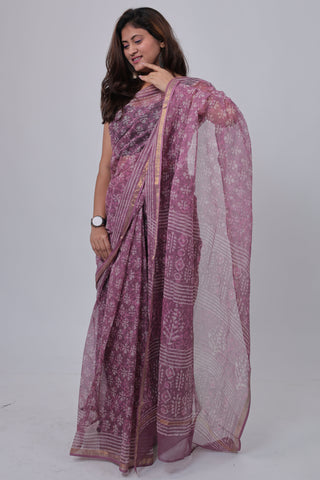 Mauve Handblock Print Kota Doria Cotton Saree with Unstitched Blouse Piece