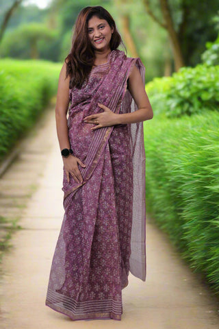 Mauve Handblock Print Kota Doria Cotton Saree with Unstitched Blouse Piece