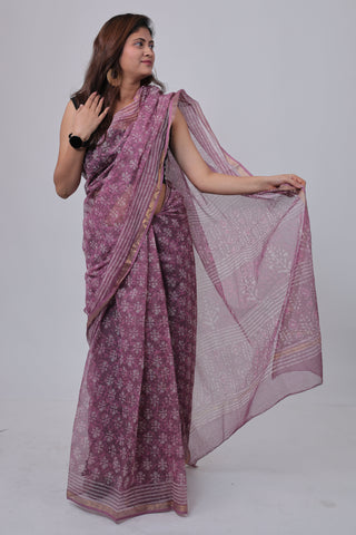 Mauve Handblock Print Kota Doria Cotton Saree with Unstitched Blouse Piece