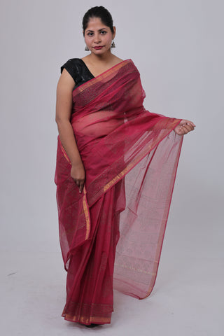 Hot Pink (Rani Color) Handblock Print Kota Doria Cotton Saree with Unstitched Blouse Piece