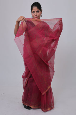 Hot Pink (Rani Color) Handblock Print Kota Doria Cotton Saree with Unstitched Blouse Piece