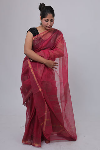 Hot Pink (Rani Color) Handblock Print Kota Doria Cotton Saree with Unstitched Blouse Piece